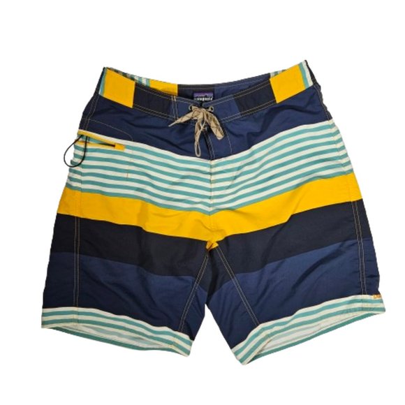 Patagonia Swim Trunks Men's Size 34 Blue Yellow White Striped - Picture 1 of 5